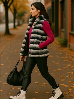 NWT Adore Black and White Ombre Stripe Faux Fur Vest